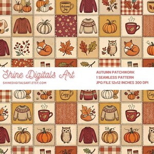Könnte beinhalten: Ein nahtloses digitales Muster mit einem Patchwork aus herbstlichen Illustrationen, darunter Kürbisse, Pullover, Tassen mit Text wie Autumn Joy und Cozy, Füchse, Eulen und Blätter in Orange-, Braun- und Cremetönen mit einem weißen Banner.