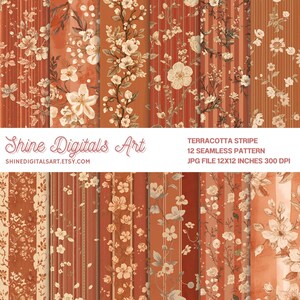 Puede incluir: Una colección de 12 patrones sin costuras en tonos terracota, con diseños florales y a rayas. Los patrones presentan flores y follaje blancos sobre un fondo terracota. El texto "Shine Digitals Art" y "Terracotta Stripe" es visible.