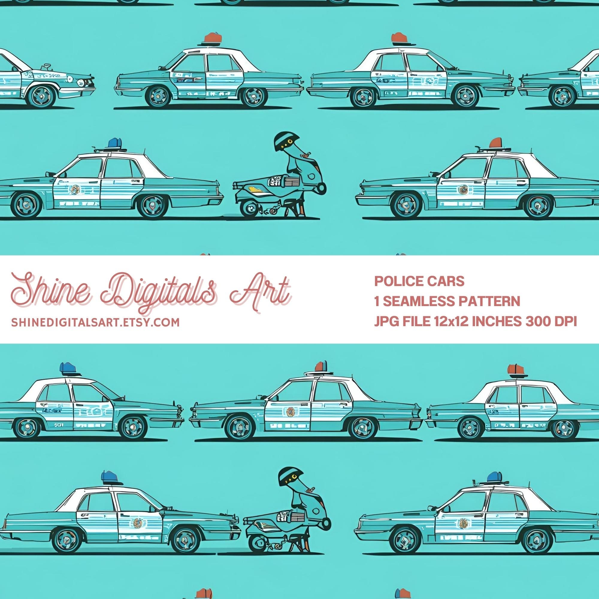 Police Car Pattern Aqua and White Police Cars Seamless Pattern, Kids Emergency Vehicle ...