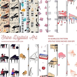 Op de afbeelding: Een set van 16 naadloze pianopatronen met illustraties van piano's, muzieknoten en toetsenbordontwerpen. De afbeelding bevat de tekst "Shine Digitals Art" en "SHINEDIGITALSART.ETSY.COM". De patronen zijn 30,48 x 30,48 cm groot.