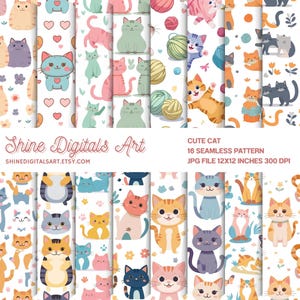 Cute Cat Seamless Pattern | Digital Download | Cartoon Kitty Background for Scrapbooking, Fabric, Sublimation