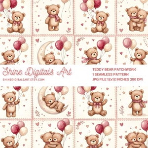 Carta digitale patchwork con motivo orsacchiotto pastello, download immediato, ideale per baby shower.