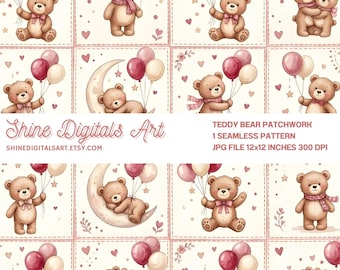 Wzór pastelowego misia bez szwu, cyfrowy papier patchworkowy na baby shower, do pobrania natychmiast
