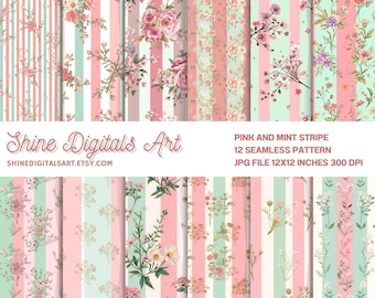 Pink and Mint Stripe with Pastel Wildflowers, Stripe Seamless Pattern, Floral Striped Background