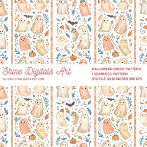 Peut inclure: Un motif numérique répétitif avec des fantômes mignons, des citrouilles orange, des chauves-souris, des étoiles et du feuillage dans des tons pastel. L'image contient le texte Shine Digitals Art, HALLOWEEN GHOST PATTERN, 1 SEAMLESS PATTERN, JPG FILE 30,48x30,48 CM 300 DPI.