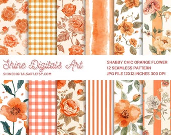 Papel digital floral vintage con estampado de flores naranjas sin costuras y estilo shabby chic para tela, manualidades y scrapbooking.