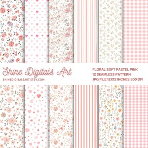 Könnte beinhalten: Zwölf nahtlose Muster in weichem Pastellrosa mit floralen, Herz-, Streifen- und Vichy-Designs. Der Text "Shine Digitals Art" und "SHINEDIGITALSART.ETSY.COM" sind sichtbar. Die Muster sind 30,48 cm x 30,48 cm groß.