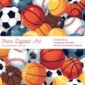 Może przedstawiać: Bezszwowy wzór przedstawiający różne piłki sportowe, w tym piłki do koszykówki, baseballu, piłki nożnej i tenisa. Projekt zawiera żywe kolory i szczegółowe ilustracje każdego rodzaju piłki. Obraz zawiera tekst "Shine Digitals Art".