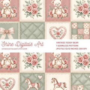 Könnte beinhalten: Ein nahtloses digitales Muster mit Teddybären, rosa Rosen, Herzen und Schaukelpferden im gesteppten Patchwork-Stil. Text: Shine Digitals Art, VINTAGE TEDDY BEAR, 1 SEAMLESS PATTERN, JPG FILE 30,48x30,48 CM 300 DPI, SHINEDIGITALSART.ETSY.COM.