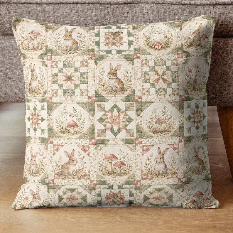 Wzór patchworkowy z królikiem, papier cyfrowy Cottagecore Bunny Quilt Block, możliwość natychmiastowego pobrania zdjęcie 7