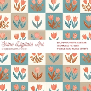 Motivo patchwork di tulipani senza soluzione di continuità, carta digitale per quilt floreali retrò, design di tessuti scandinavi