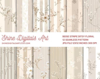 Beige Stripe with White Ditsy Blooms Seamless Pattern, Neutral Floral Stripe Design