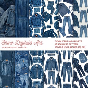 May include: A digital art collage featuring denim jeans and jackets in various styles and washes. The image includes a seamless pattern with a variety of blue denim garments, including jackets and pants. The text "Shine Digitals Art" and "Denim Jeans and Jackets" is also visible.
