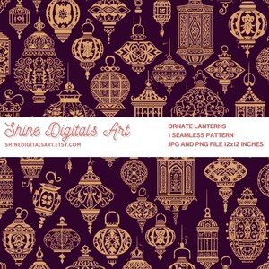 May include: A repeating pattern of ornate, gold-coloured lanterns set against a deep purple backdrop. The lanterns display diverse shapes and intricate designs. The image includes the text "Shine Digitals Art" and "SHINEDIGITALSART.ETSY.COM".
