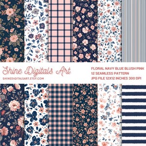 May include: A collection of 12 seamless patterns in navy blue, blush pink, and white. The patterns include floral designs, gingham, and stripes. Text on the image reads "Shine Digitals Art" and "Floral Navy Blue Blush Pink 12 Seamless Pattern".