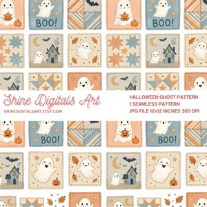 Halloween Ghost Patchwork Seamless Pattern, Boo Quilt Digital Paper, Spooky Nursery Fabric Print