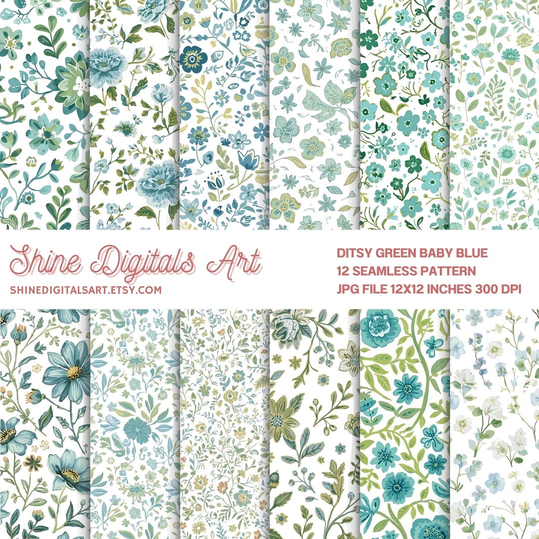 Ditsy Floral Green Baby Blue Seamless Pattern, Digital Pack Paper ...