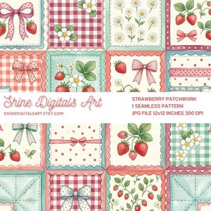 Patrón sin costuras Strawberry Coquette, patchwork de lazo rosa, estilo cottagecore.