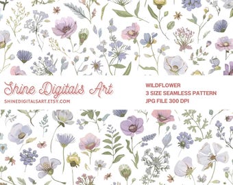 Könnte beinhalten: Ein nahtloses Muster mit Aquarellillustrationen von Wildblumen in Lila, Rosa, Gelb und Weiß, mit grünem Laub auf weißem Hintergrund. Der Text "Shine Digitals Art" und "Wildflower 3 Size Seamless Pattern" sind ebenfalls sichtbar.