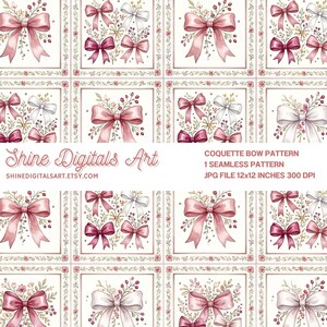 Coquette Bow Seamless Pattern, Vintage Ribbon Patchwork Digital Paper, Pink Floral Fabric Print