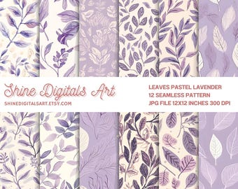 Patrón de hojas sin costuras, lavanda pastel y crema suave, papel natural, descarga digital