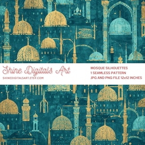 Könnte beinhalten: Ein nahtloses Muster mit goldenen und türkisfarbenen Moscheen-Silhouetten. Das Design umfasst Kuppeln, Minarette und architektonische Details. Der Text "Shine Digitals Art" und "SHINEDIGITALSART.ETSY.COM" sind sichtbar. Das Muster ist in JPG- und PNG-Dateien, 30,48 cm x 30,48 cm verfügbar.