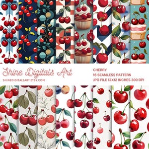Watercolor Cherry Seamless Pattern: Red Fruit Digital Paper (12x12 inches, JPEG, 300 DPI)