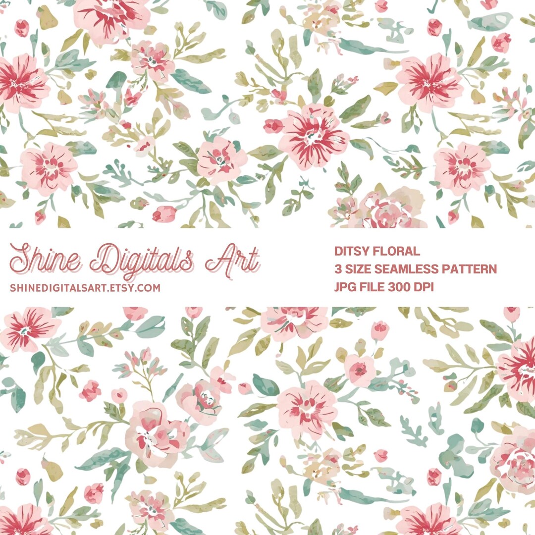 Ditsy Floral Seamless Pattern, Pink Green Flower Print, Digital File ...