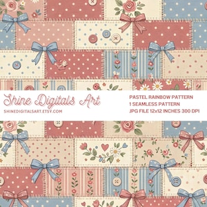 Könnte beinhalten: Ein digitales nahtloses Muster mit rechteckigen Flicken in floralen, gepunkteten und gestreiften Designs in Pastellrosa, Blau und Creme. Die Flicken sind mit genähten Kanten verbunden und mit illustrierten Schleifen und Knöpfen verziert.