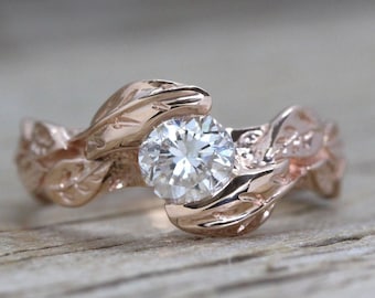 Rose Gold Diamond Engagement Ring With Leaves, Engagement Ring Nature Inspired Leaf Ring, Floral Leaves Engagement Ring Elvish Ring