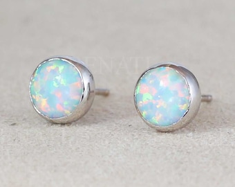 14k White Gold White Opal Stud Earrings: Elegant Gemstone Jewelry