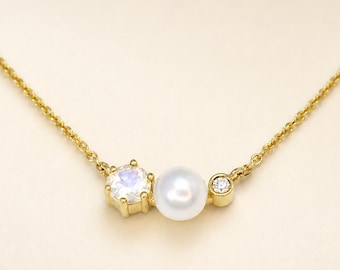 Ready to Ship 14k Gold Three Stone Necklace: Moonstone, Pearl & Diamond