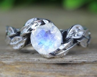 Bague feuille avec pierre de lune en argent, bague feuille de pierre de lune, bague feuilles, bague bohème forêt de l&#39;amitié, bague florale naturelle en pierre de lune