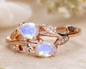 Pear Rainbow Moonstone Ring: Rose Gold Leaf Diamond Engagement Ring