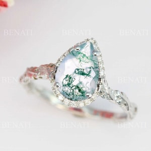 Moss agate vintage white gold engagement ring, Leaves engagement ring, Nature inspired unique leaf anniversary Boho antique Ring, 14k 18k