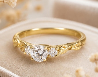 Nature Inspired Lab Diamond Three Stone Engagement Ring, 14K Gold Leaf Ring, Botanical Bridal Diamond Ring