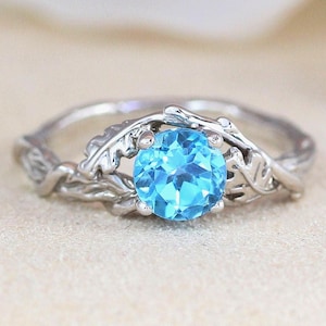 Nature Inspired Engagement Ring – 14k White Gold Leaf Design – Blue Topaz or Custom Center Stone – Unique Boho Bridal Jewelry