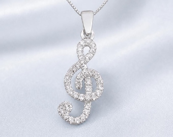 Ready to ship- Diamond G Clef Pendant 14k White Gold Music Note Necklace