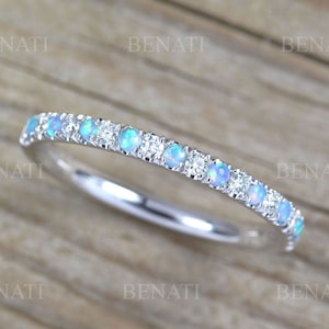 Opal and Diamond Eternity Band, Opal Ring, Eternity 2 mm Wedding Band, Thin Opal Wedding Ring, Opal Band, Opal Stacking Ring, Promise Ring
