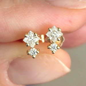 Multi shape Moissanite two stone 14k solid gold stud earrings, Double diamond stud earrings