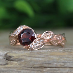 Leaves Rose Gold Garnet Ring, Garnet Leaf Engagement Ring, January Birthstone, Unique Nature Floral Leaves Ring, Handmade Red Gemstone Ring