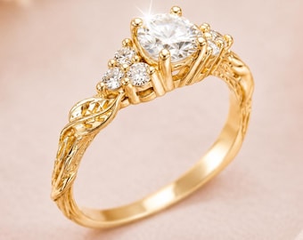 Nature Inspired Botanical Lab Diamond Engagement Ring, Leaf Diamond Ring, Organic Twig Proposal Ring