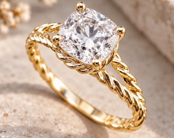 2 Carat Cushion Lab Grown Diamond Engagement Ring, Twisted Rope Split Band 14K Gold Ring