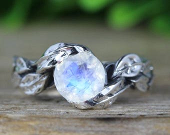 Leaf Ring With Moonstone Gemstone In Silver, Moonstone Leaf Ring, Leaves Ring, Friendship Forest Boho Ring, Natural Floral Moonstone Ring