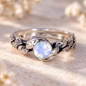 Moonstone Leaves Ring in Sterling Silver: Floral Nature Inspired Boho Ring