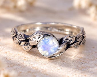 Moonstone Leaves Ring in Sterling Silver: Floral Nature Inspired Boho Ring