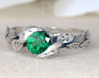 Blatt Ring mit Smaragd Edelstein In Silber, Grüner Stein Blatt Ring, Blätter Ring, Freundschaft Wald Boho Ring, Natur Blumen Smaragd Ring