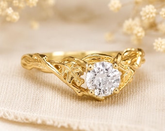 Nature Inspired Lab Diamond Botanical Engagement Ring With Leaves, Floral Forest Art Nouveau Ring 9K/14K/18K Solid Gold