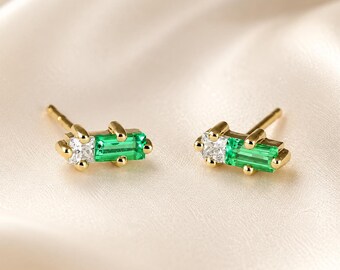 Emerald and Moissanite Baguette Earrings: 14k Gold Geometric Studs