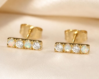 Ready to Ship Opal and Diamond Stud Earrings, 14K Yellow Gold Bar Earrings